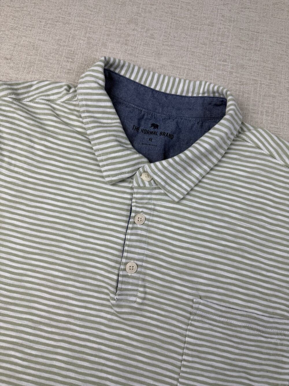 The Normal Brand Polo Shirt XL Green White Stripe Pocket 100% Cotton